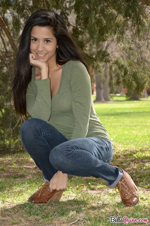 Bella Quinn: Thick Latina Brunette Climbs a Tree in Jeans and Sweater Outdoors – photo 7 of 12