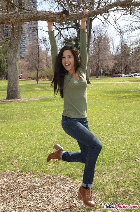 Bella Quinn: Thick Latina Brunette Climbs a Tree in Jeans and Sweater Outdoors – photo 12 of 12