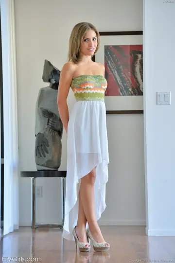 Natasha White – Skinny Blonde in a Dress and High Heels Spreads Her Pussy