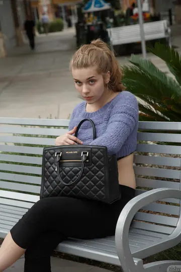 Natalie Austin – Curvy Brunette Pulls Panties Aside in Public