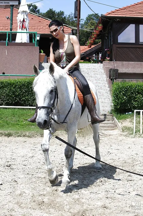 Aletta Ocean: Busty Brunette in Glasses Poses Nude Outdoors with a Horse – photo 5 of 16