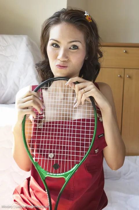 Asian Trans Woman Poses Nude While Holding a Tennis Racket – photo 2 of 18