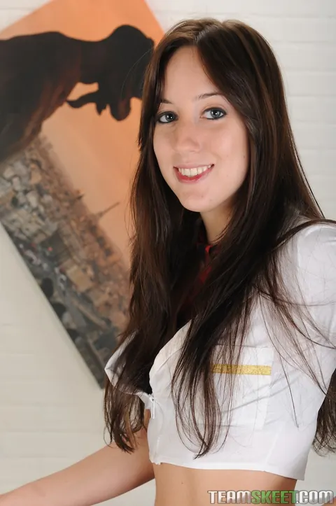 Jennifer Sloan: Brunette in Uniform Spreads Her Trimmed Pussy – photo 3 of 21