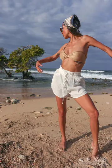 Camila Luna – Latina in Shorts and Glasses Shows Her Big Natural Tits on the Beach