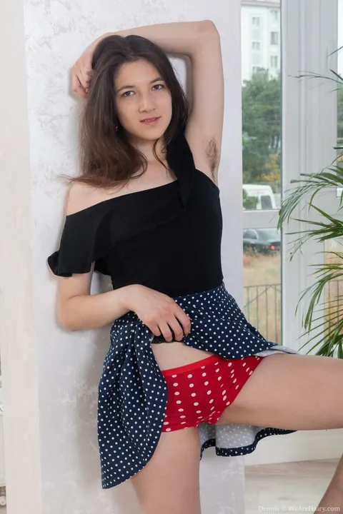 Slim Hairy Woman Flashes Armpits and Pulls Panties Aside – photo 3 of 21