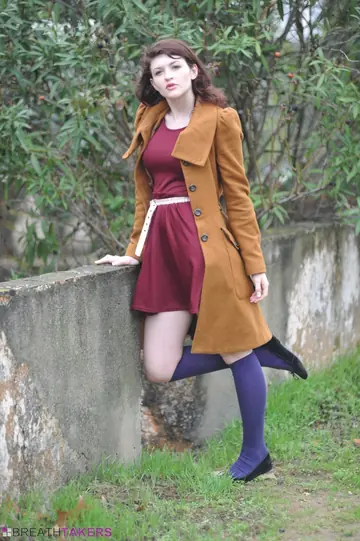 Busty British Brunette Strips Outdoors in a Skirt and Knee Socks