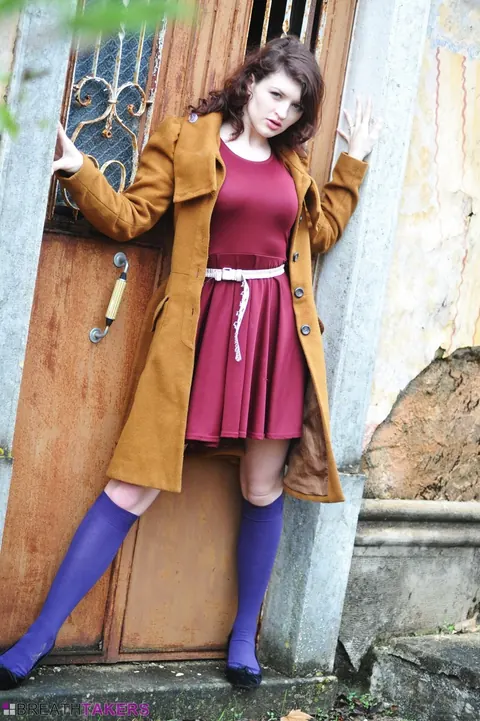 Fawna Latrisch: Busty British Brunette Strips Outdoors in a Skirt and Knee Socks – photo 2 of 12