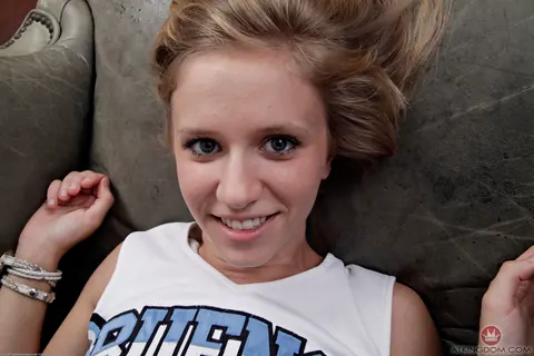 Rachel James: Petite Blonde Strips Off Her Uniform and Panties to Spread Her Shaved Pussy – photo 8 of 20