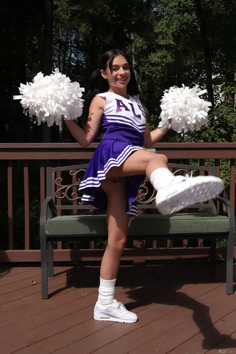Aria Valencia: Petite Brunette in a Uniform Spreads Her Ass Outdoors – photo 3 of 21