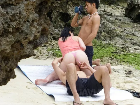 Megumi Haruka: Japanese Babe with Big Tits Takes a Creampie in a Beach Threesome – photo 1 of 15