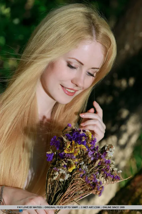 Fay Love: Blonde Flashes Her Hairy Pussy and Natural Tits in the Woods – photo 18 of 18