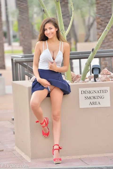 Nina North: Petite Brunette with Big Tits Strips Out of Her Lingerie Outdoors – photo 7 of 20