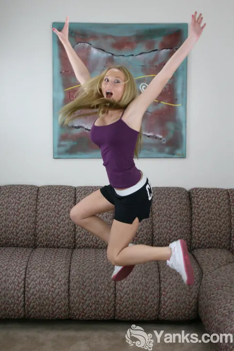 Madison Scott: Slim Blonde in Shorts Fingers Her Shaved Pussy – photo 1 of 15