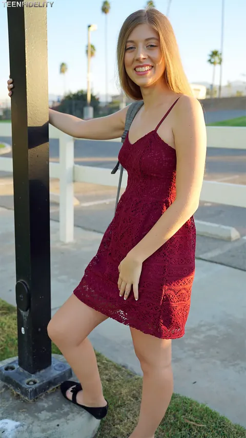 Alyce Anderson: Petite Brunette Lets Her Dress Fall Outdoors – photo 16 of 17