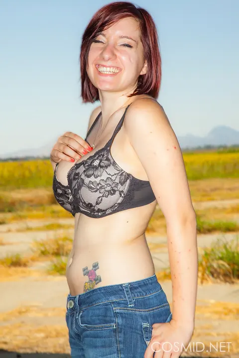 Chelsea Bell: Short-Haired Redhead Undresses in the Forest to Show Her Big Tits – photo 6 of 16