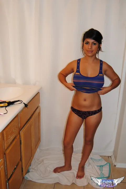 Layla Rose: Busty Latina Brunette Strips Out of Her Panties in the Bathroom – photo 7 of 12
