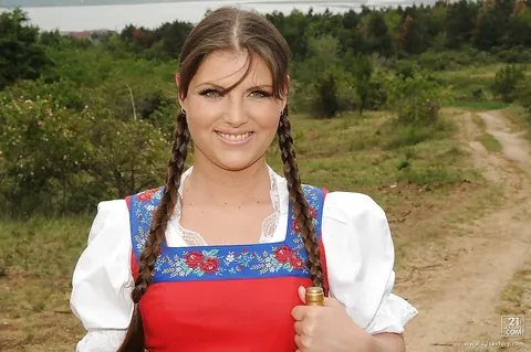 European in Pigtails Fingers Her Hairy Pussy Outdoors – photo 2 of 16