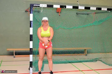 Busty Blonde MILF Strips Nude in the Gym