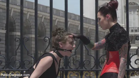 Aragne Spicy: Tattooed MILF in a Skirt Endures Public Bondage and Gangbang – photo 1 of 15