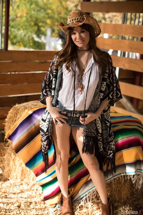Alison Rey: Brunette with Small Natural Tits Strips and Spreads in the Stables – photo 1 of 17