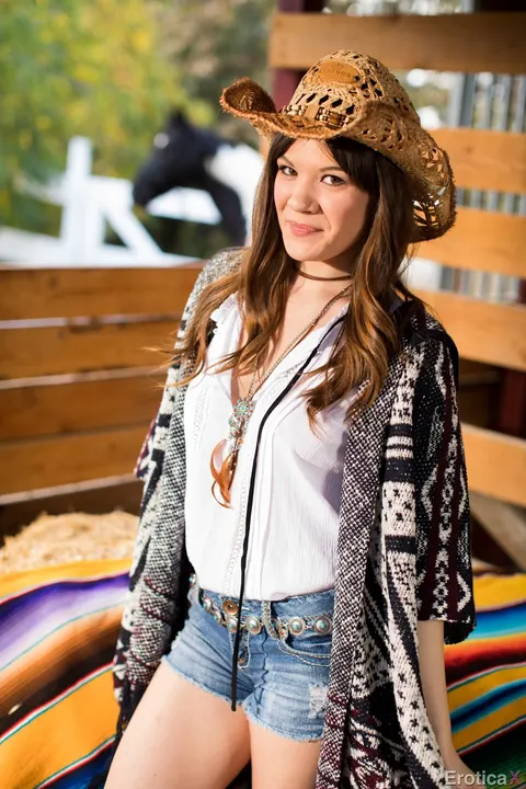 Alison Rey: Brunette with Small Natural Tits Strips and Spreads in the Stables – photo 3 of 17
