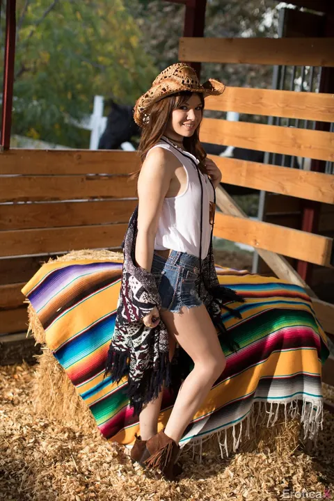 Alison Rey: Brunette with Small Natural Tits Strips and Spreads in the Stables – photo 2 of 17