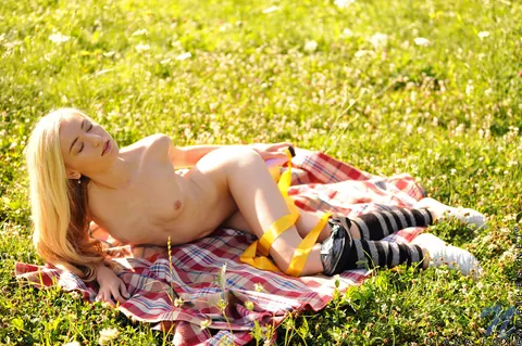 Diana Fox: Blonde in Shorts and Socks Masturbates with a Dildo Outdoors – photo 9 of 14