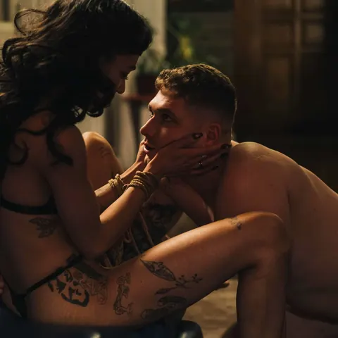 Tattooed Brunette Undresses for a Threesome with Two Men – photo 2 of 9