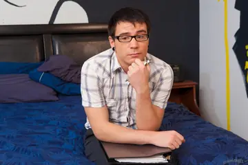 Blonde in Glasses Sucks Cock and Gets Fucked in the Bedroom