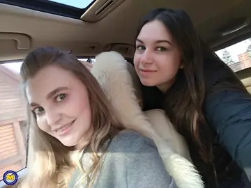 European Lesbians Kiss and Lick Pussy in a Car Selfie