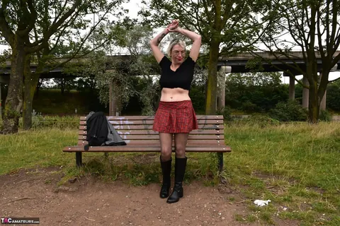 Mature British Blonde Shows Off Her Big Tits on a Public Bench – photo 4 of 16