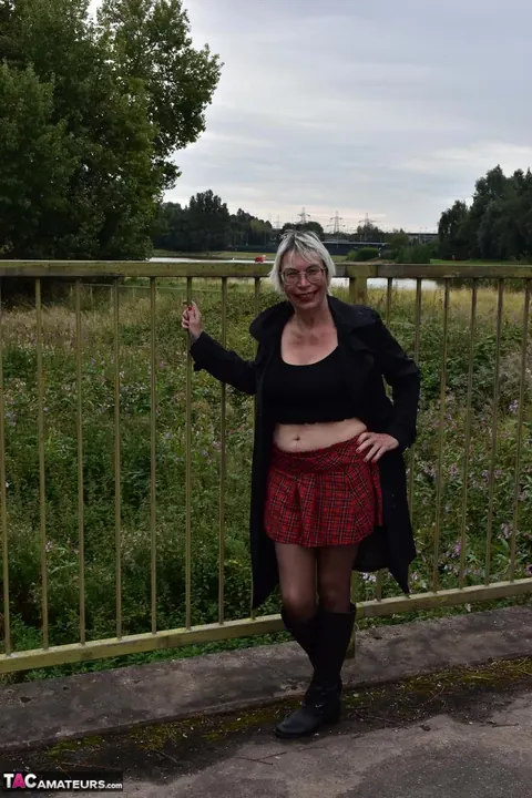 Mature British Blonde Shows Off Her Big Tits on a Public Bench – photo 1 of 16