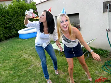 Two Lesbians Lick Pussy and Piss on the Garden Patio
