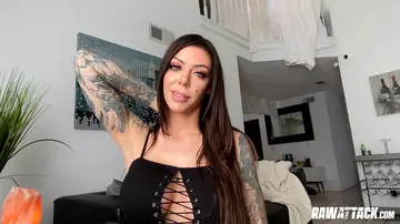 Busty Tattooed Brunette in Leather Yoga Pants Takes a Big Cock Facial