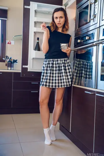 Slim Brunette in Thigh-High Socks Spreads in the Kitchen