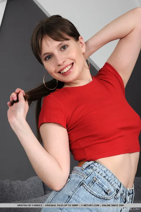 Brunette Peels Off Denim Miniskirt and Spreads Her Hairy Pussy – photo 2 of 18