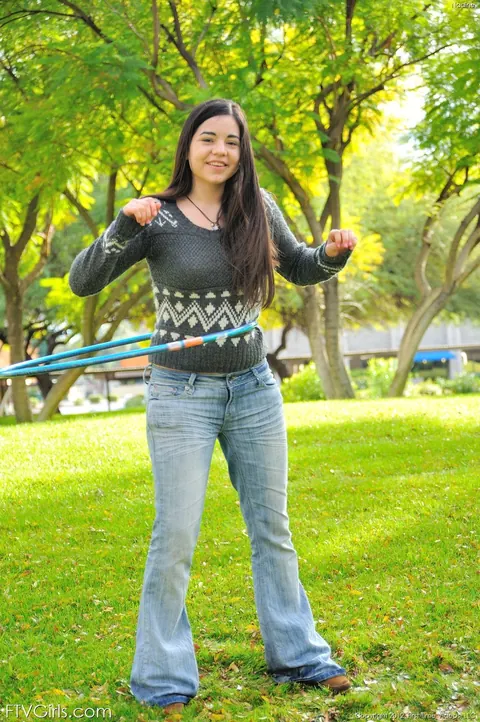 Nadine Sage: Busty Latina Brunette Strips Out of Her Jeans and Plays with Hula Hoop – photo 1 of 20