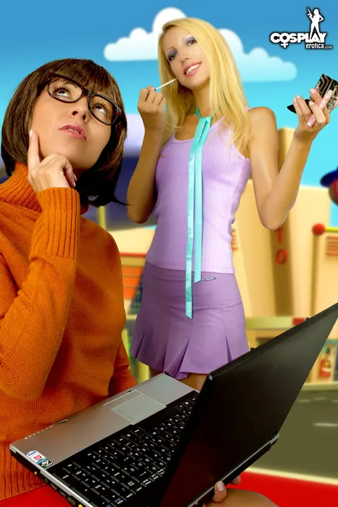 Angela Blanche: Busty Brunette MILF and Partner Finger and Lick in Cosplay Skirts – photo 3 of 12