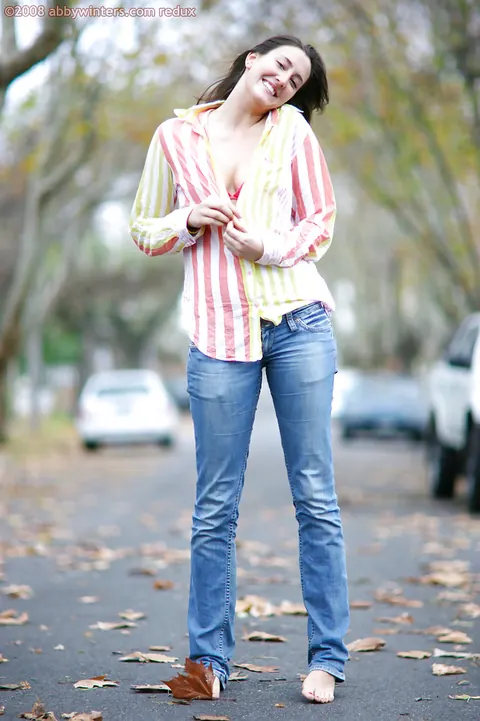 Brunette Strips Out of Her Jeans and Lingerie Outdoors – photo 2 of 16