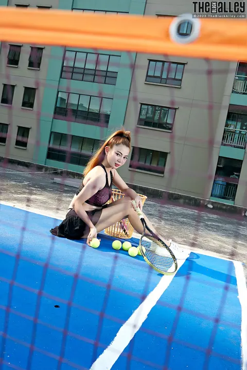 Asian Redhead in Pigtails Fingers Her Hairy Bush on Court – photo 4 of 16
