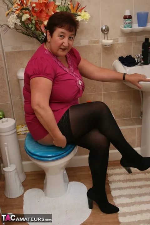 Kinky Carol: Curvy Mature Brunette Shows Sheer Panties in Stockings – photo 14 of 16