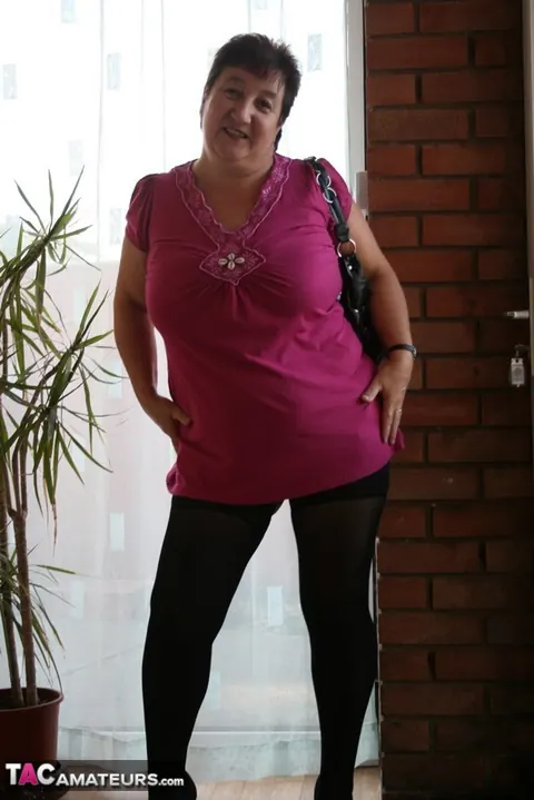 Kinky Carol: Curvy Mature Brunette Shows Sheer Panties in Stockings – photo 5 of 16