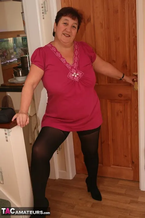 Kinky Carol: Curvy Mature Brunette Shows Sheer Panties in Stockings – photo 8 of 16