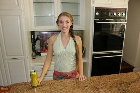 Alyce Anderson: Brunette Strips Off Her Shorts on the Kitchen Counter and Spreads – photo 1 of 16