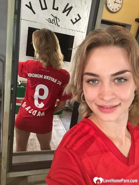 Cute Teddy: Short-Haired Russian Brunette Shows Her Big Tits in a Mirror Selfie – photo 13 of 17