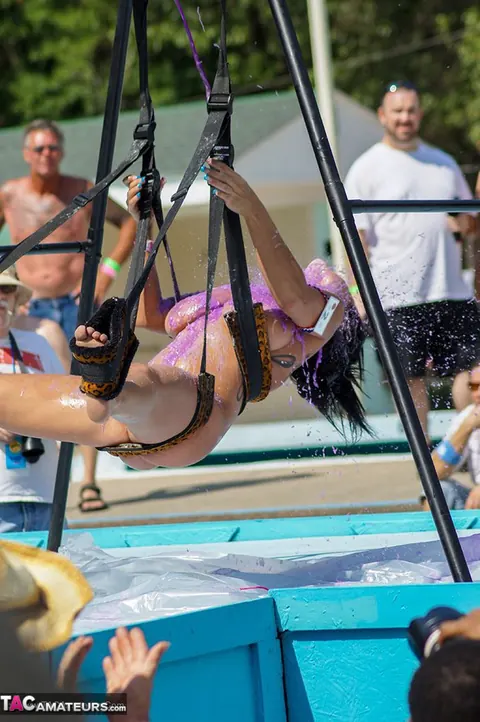 Isis Haze: Busty Brunette MILF Strips Out of Her Costume by the Pool – photo 2 of 20