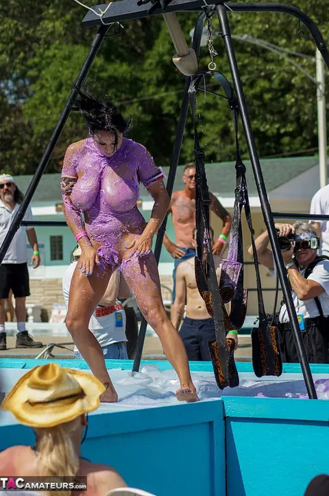 Isis Haze: Busty Brunette MILF Strips Out of Her Costume by the Pool – photo 6 of 20