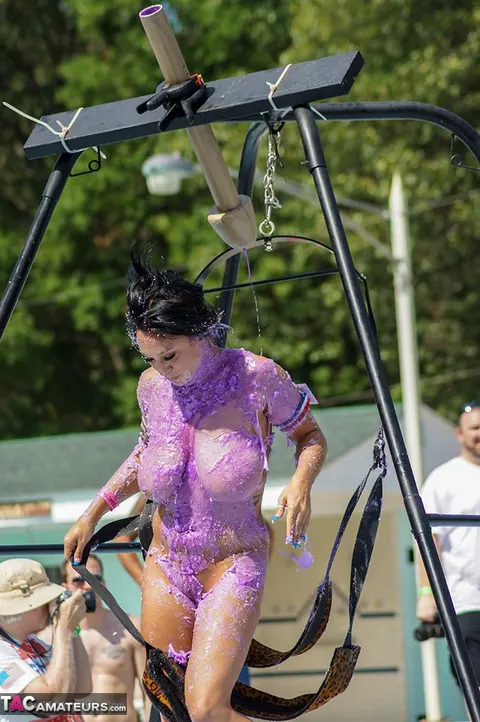 Isis Haze: Busty Brunette MILF Strips Out of Her Costume by the Pool – photo 5 of 20