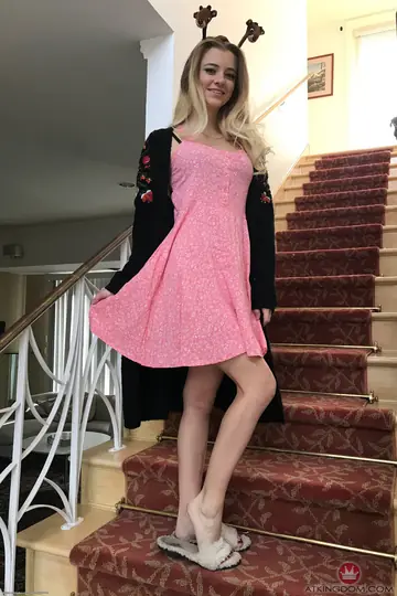 Riley Star – Petite Blonde in Lingerie and Stockings Spreads Her Meaty Pussy
