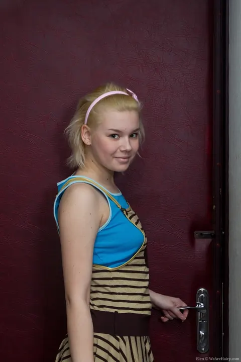 Pale Blonde Rubs Her Hairy Pussy Through Blue Pantyhose – photo 1 of 18